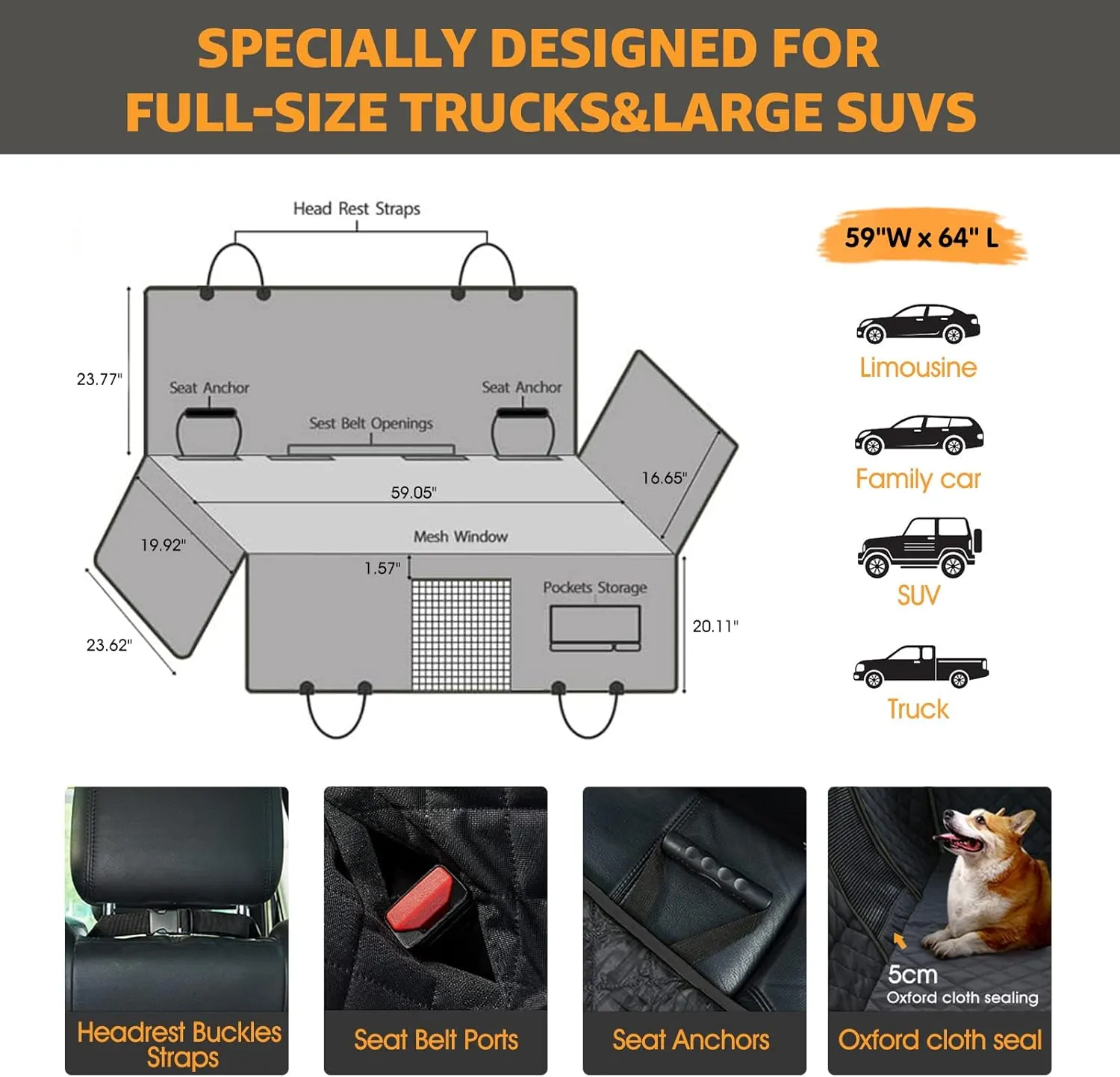 nzonpet Dog Car Seat Covers for Backseat, 100% Waterproof with Big Mesh Window, XL Nonslip Scratchproof Dog Truck Hammock, Heavy Duty Seat Covers for Full Sized Pickup Trucks F150- Black