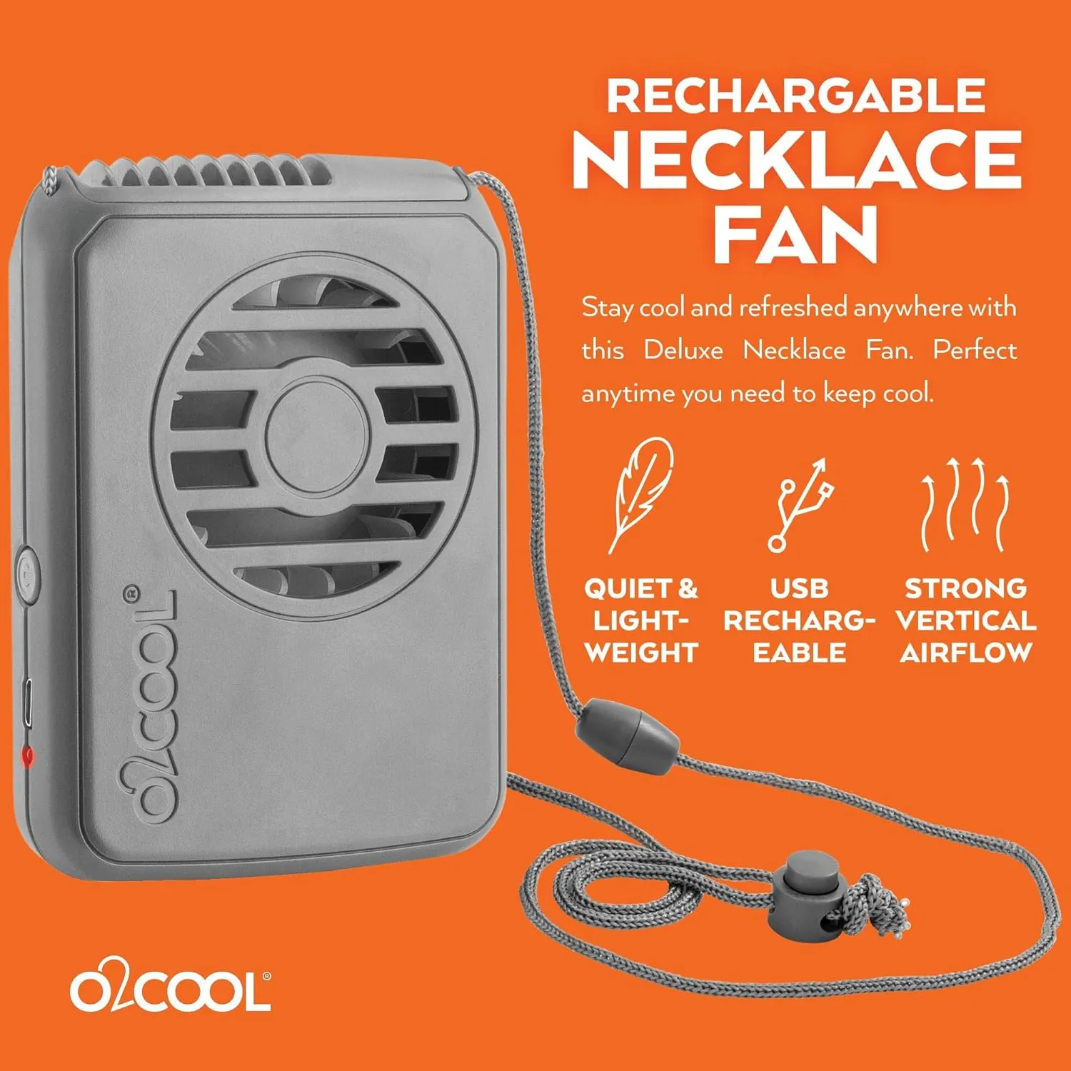 O2COOL Personal Travel Rechargeable Battery Powered Neck Cooling Fan, 2-Pack (Grey)