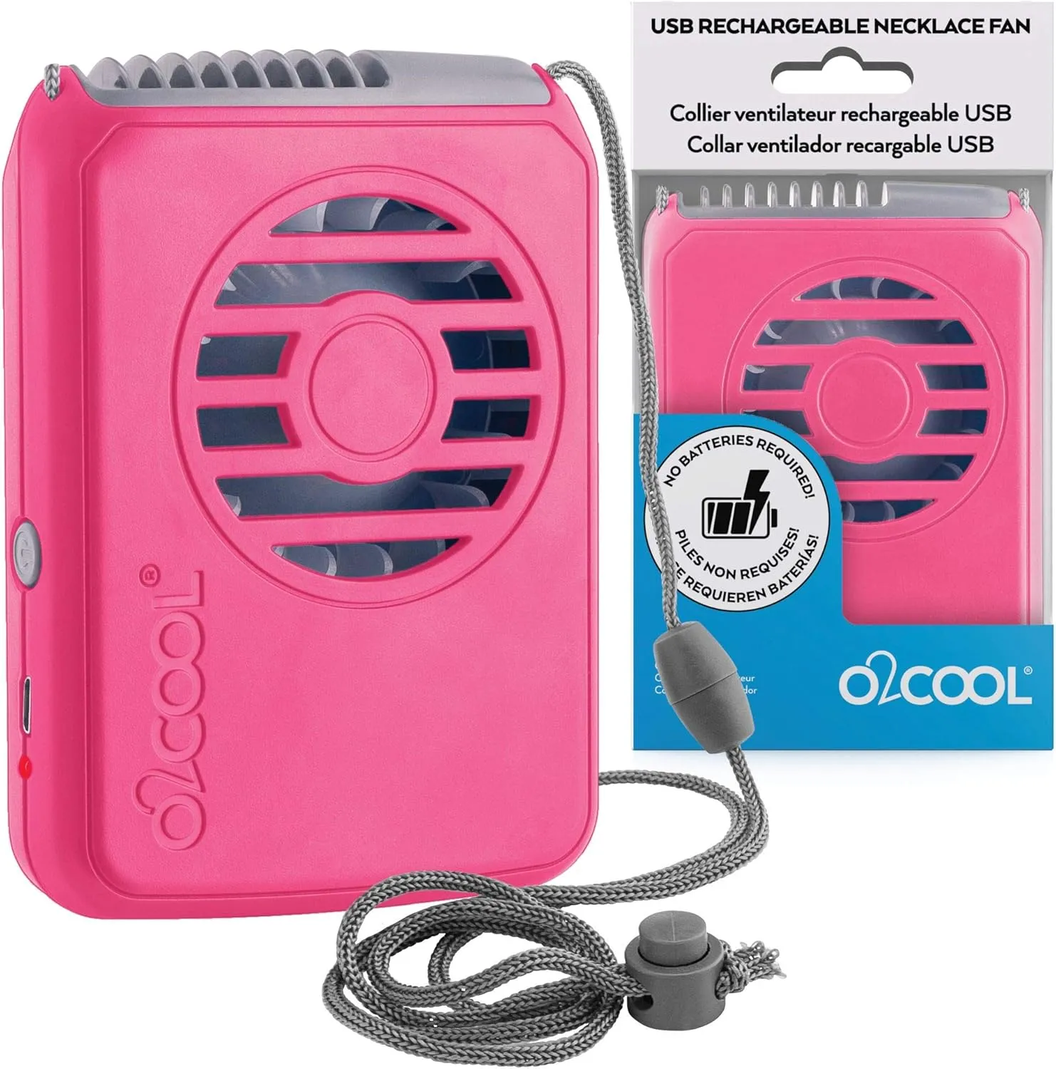 O2COOL Personal Travel Rechargeable Battery Powered Neck Cooling Fan, 2-Pack (Pink)