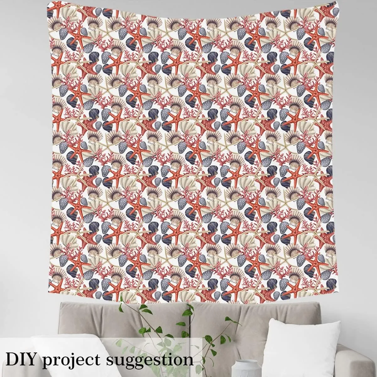 Ocean Starfish Fabric by The Yard, Beach Shell Sealife Upholstery Fabric for Chairs, Marine Sea Creatures Decor Fabric for DIY Indoor and Outdoor Projects Curtain Furnishing, 2 Yards, Vermilion