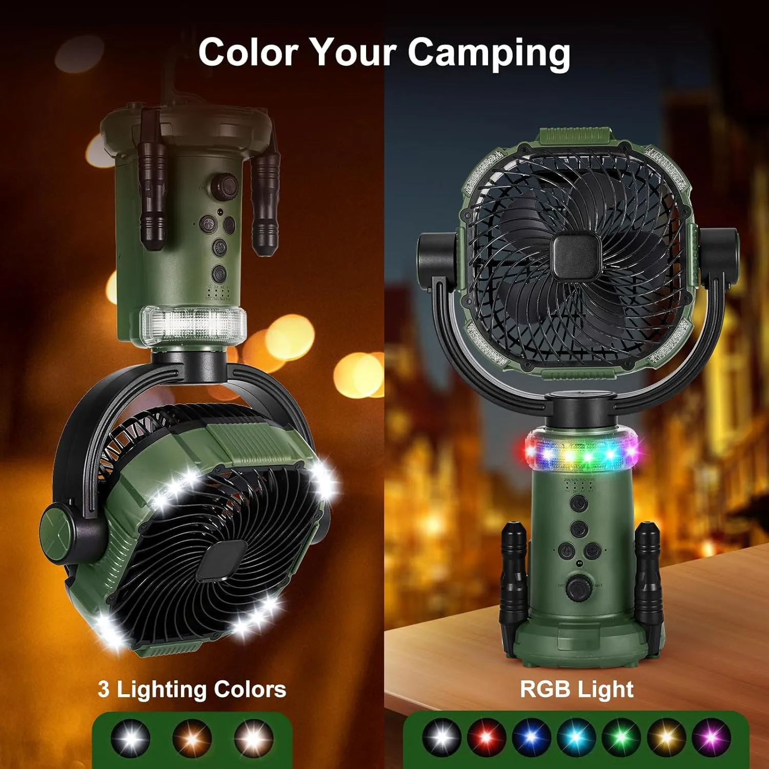 Odoland 20000mAh Camping Fan with Lantern, 360° Oscillation Rechargeable Battery Operated Outdoor Power Fan with Remote, Hook ＆ RGB Light for Camp, Family Travel and Jobsite, Green
