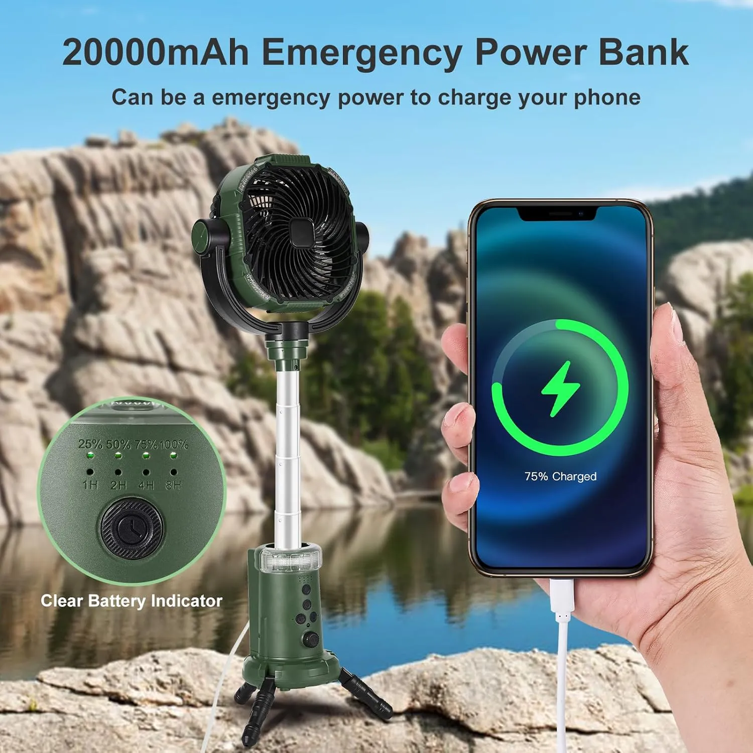 Odoland 20000mAh Camping Fan with Lantern, 360° Oscillation Rechargeable Battery Operated Outdoor Power Fan with Remote, Hook ＆ RGB Light for Camp, Family Travel and Jobsite, Green