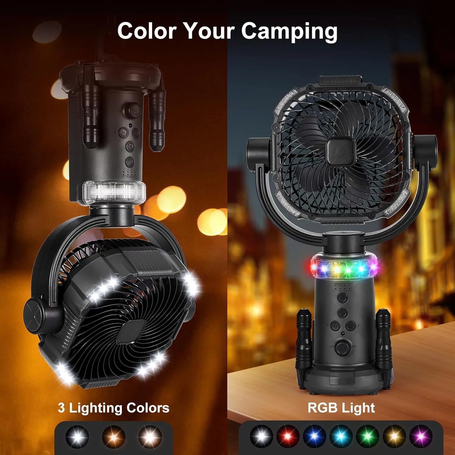 Odoland 20000mAh Camping Fan with Lantern, 360° Oscillation Table fan with Remote & Hook, Rechargeable Battery Operated Outdoor Power Fan with Light for Camp, Family Travel and Jobsite, Black
