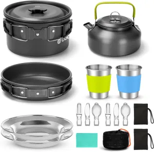Odoland Bundle - 2 Items 15pcs Camping Cookware Mess Kit and Portable 2 Burner Camping Stove