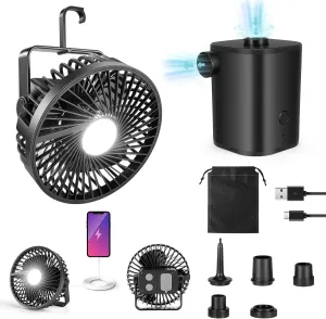 Odoland Camping Rechargeable Fan and Air Pump Combo, 10000 mAh Battery Powered Fan with Lantern, 3000 mAh Mini Air Pump with USB Charging, USB Table Fan and Air Pump for Outdoor Camping, Air Mattress