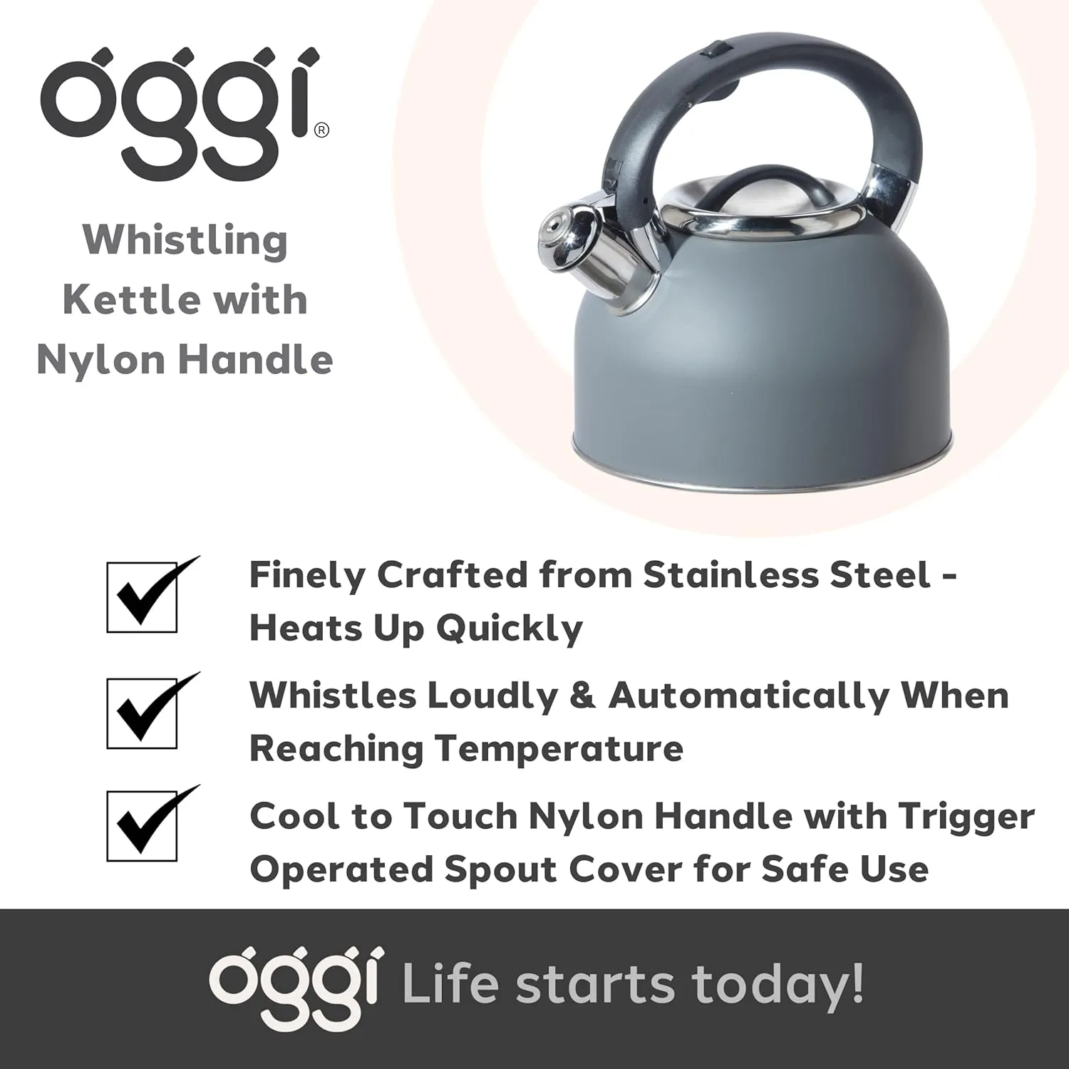 OGGI Tea Kettle for Stove Top - 64oz / 1.9lt, Stainless Steel with Loud Whistle, Ideal Hot Water Kettle and Water Boiler - Gray