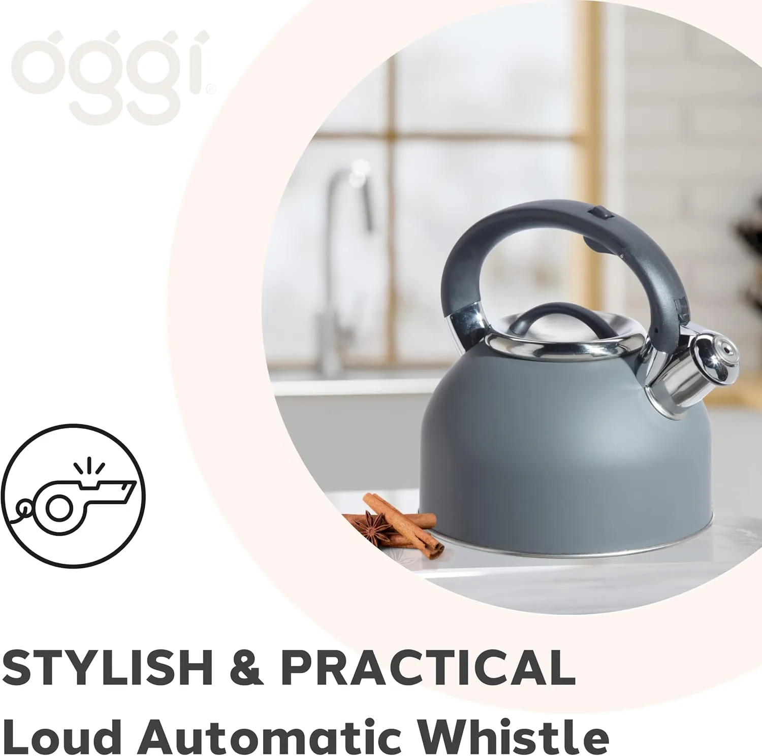 OGGI Tea Kettle for Stove Top - 64oz / 1.9lt, Stainless Steel with Loud Whistle, Ideal Hot Water Kettle and Water Boiler - Gray