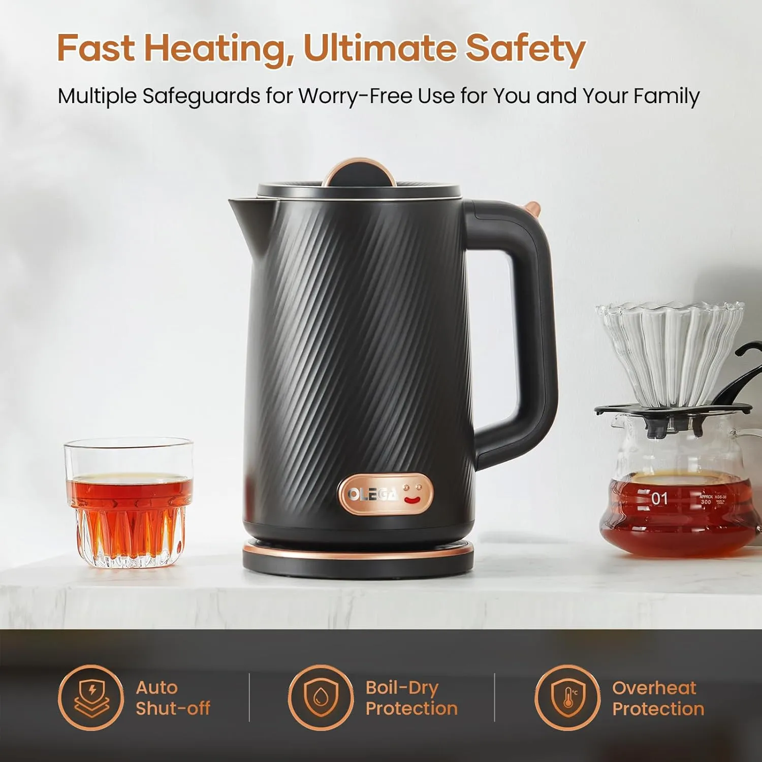 OLEGA Electric Kettle - 1500W Electric Tea Kettle 1.8L Stainless Steel Inner Electric Kettles for Boiling Water Auto Shut Off Boil-Dry Protection Electric Water Kettle for Coffee Tea