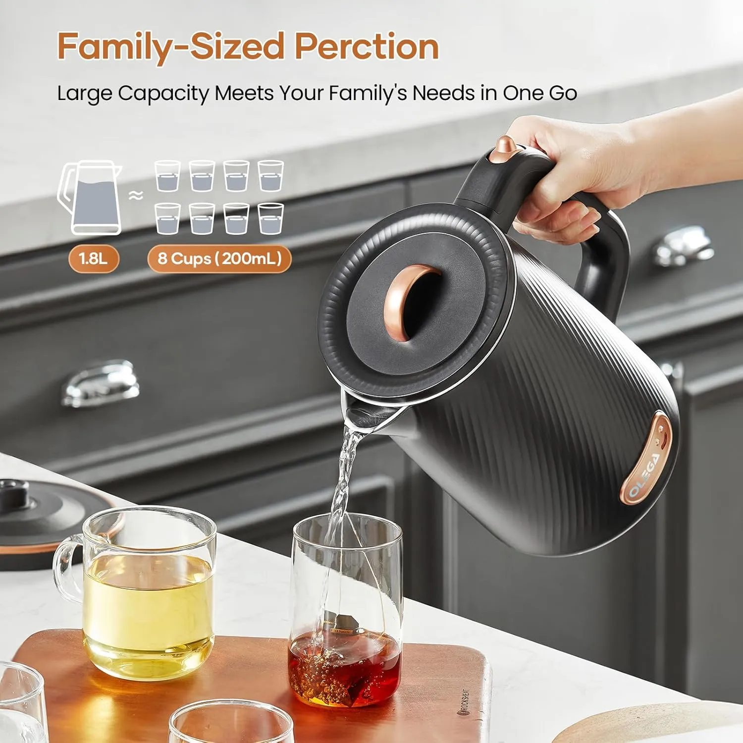 OLEGA Electric Kettle - 1500W Electric Tea Kettle 1.8L Stainless Steel Inner Electric Kettles for Boiling Water Auto Shut Off Boil-Dry Protection Electric Water Kettle for Coffee Tea