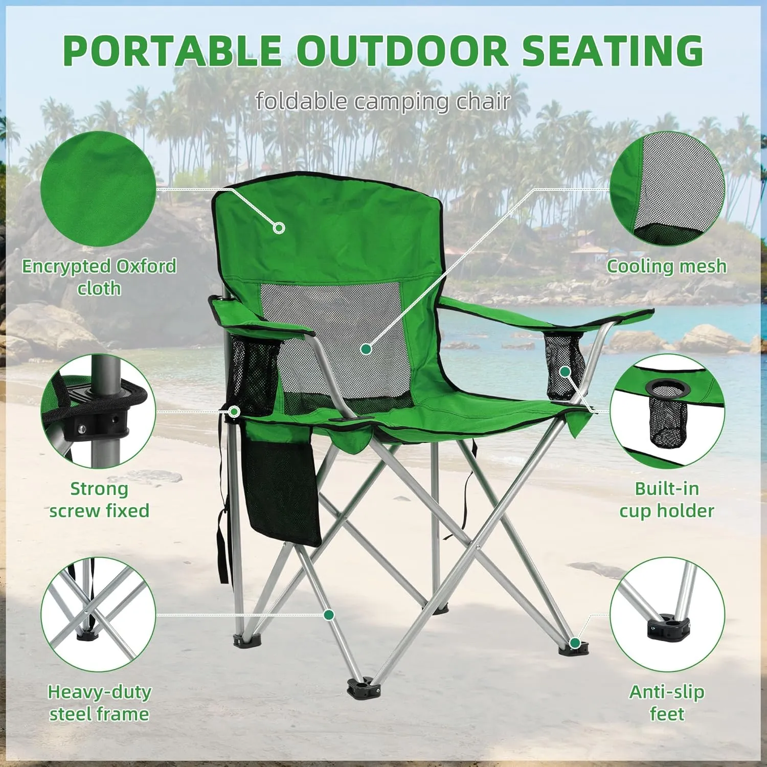 OLIXIS Elevon Camp Chairs Outdoor, Folding Chair Camping Recliner Support Mesh Backrest, Lawn Chair with Cup Holder, Storage Pocket, Carrying Bag
