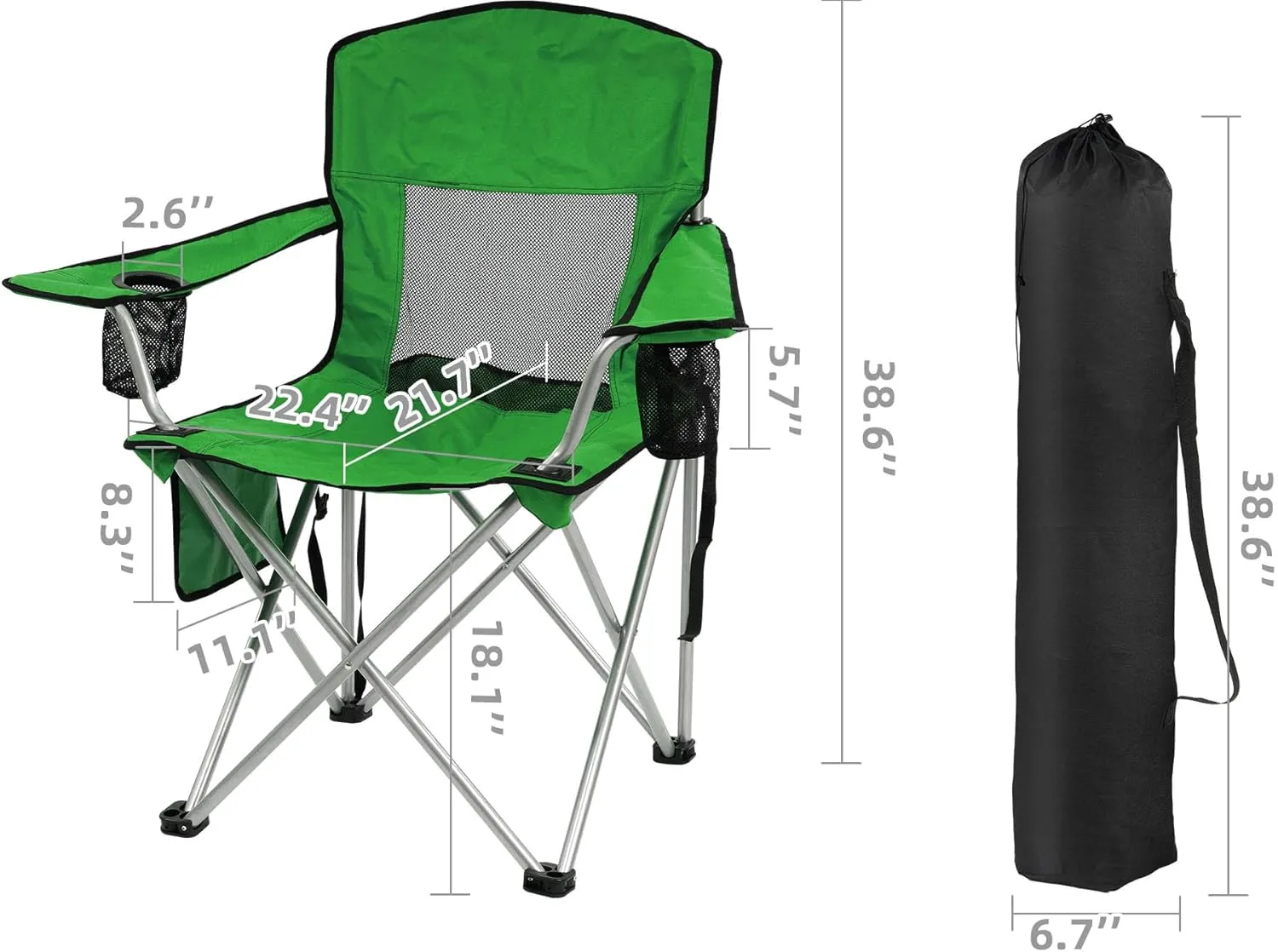 OLIXIS Elevon Camp Chairs Outdoor, Folding Chair Camping Recliner Support Mesh Backrest, Lawn Chair with Cup Holder, Storage Pocket, Carrying Bag