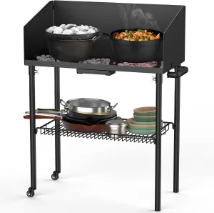 onlyfire Outdoor Camp Cooking Table for Dutch Ovens and Food Preparation, Collapsible Grill Table Camping Kitchen Station with Side Windscreen & Storage Basket for Backyard BBQ Picnic RV