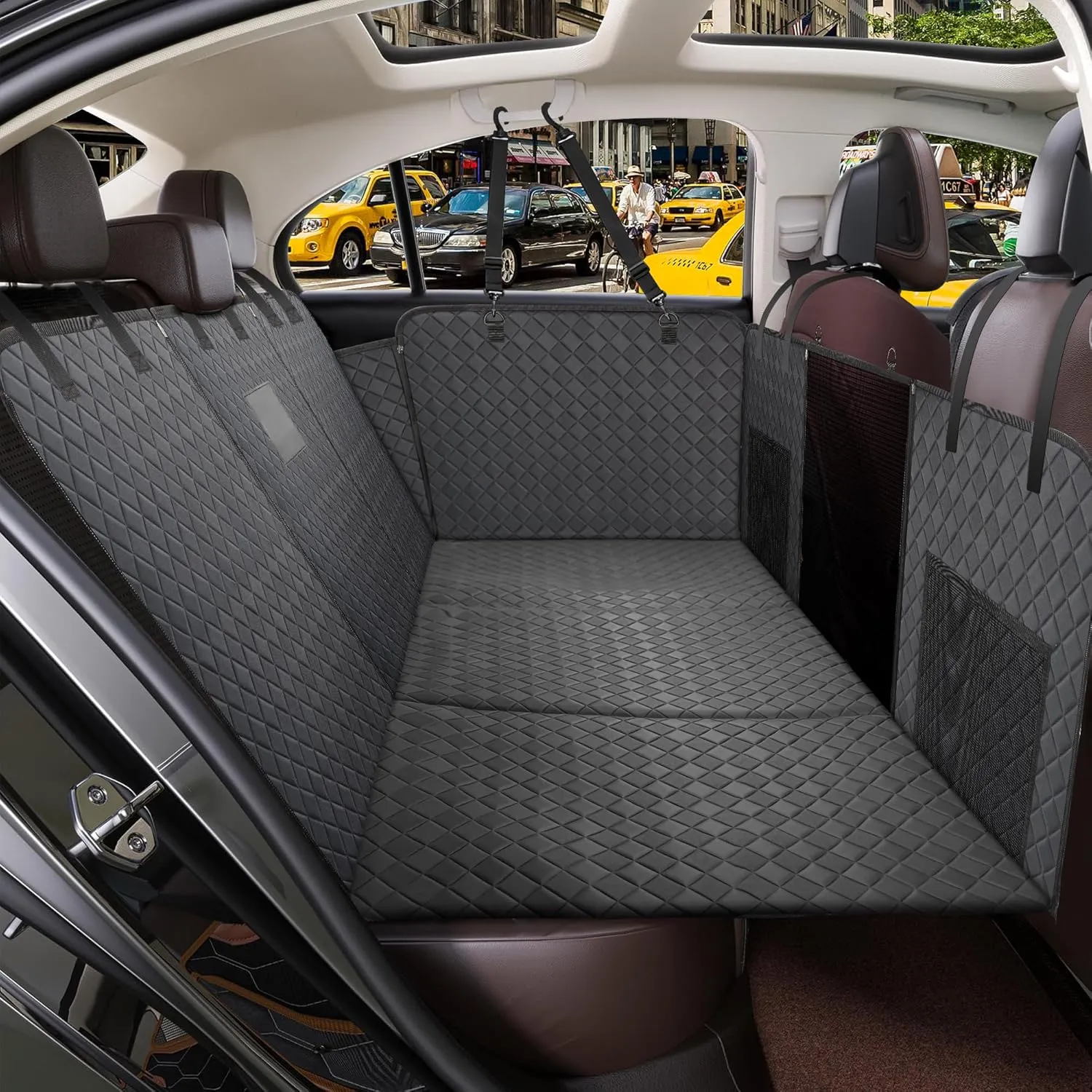 ONTYZZ Back Seat Extender Holds 440 lbs, Camping Air Mattresses with Mesh Window, Hard Bottom Seat Extender, Waterproof Non-Slip Hammock for Car, SUV, Black