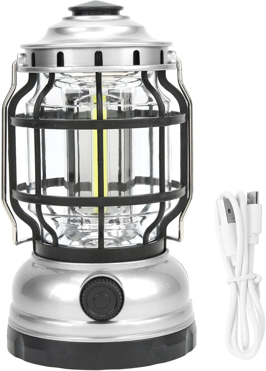 OUKENS Retro COB Camping Light USB Charging Waterproof Portable Handle Retro Camping Light Large Capacity Flashlight COB Light Tent Light for in The Courtyard Power Failure Emergency(Silvery)