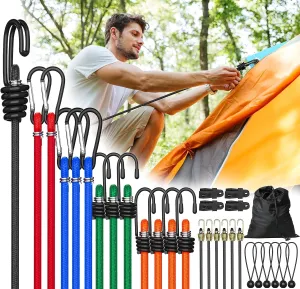 Outdoor Bungee Cord Assorted with Hooks: 30PCS Heavy Duty Bungee Cord Set with Mini Bungee, Ball Bungee, Tarp Clips for Camping Trip - Assortment for Bike Motorcycle
