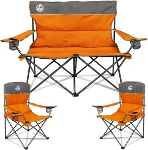 Outdoor Camping Chair Set of 3,Folding Padded Camp Chair w/1 Sofa,2 Single Chairs,Collapsible Conversation Set for Family Patio, Beach(Orange)