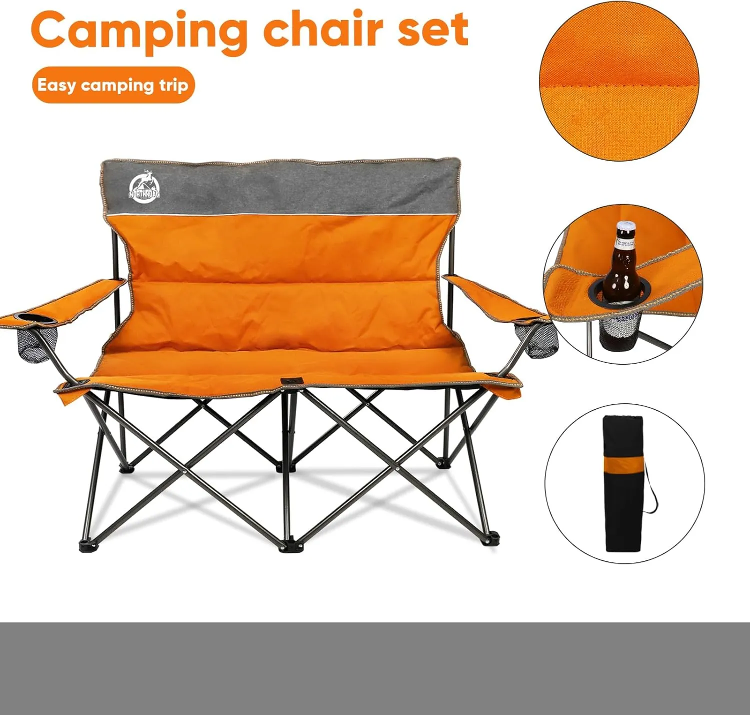 Outdoor Camping Chair Set of 3,Folding Padded Camp Chair w/1 Sofa,2 Single Chairs,Collapsible Conversation Set for Family Patio, Beach(Orange)