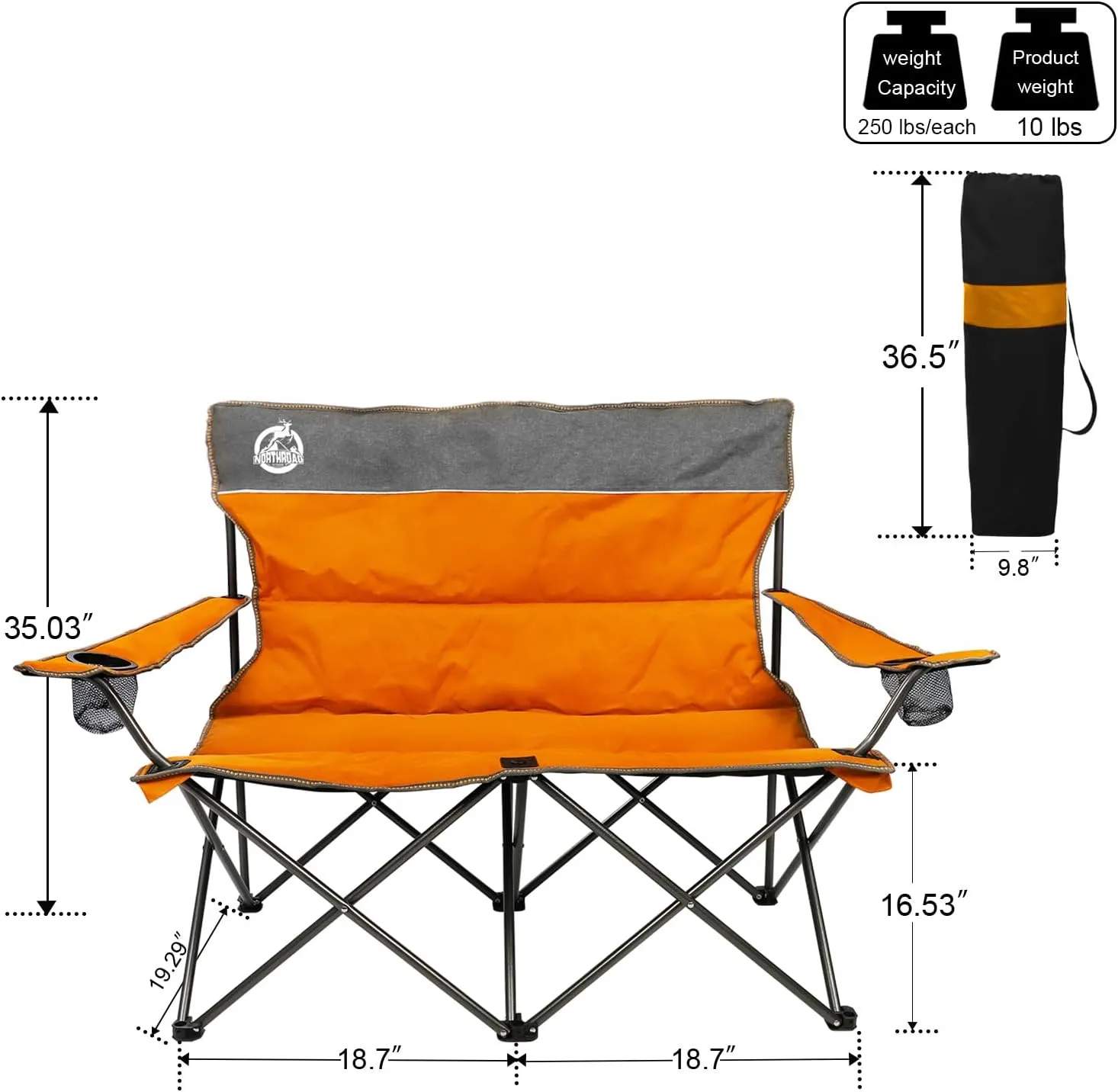 Outdoor Camping Chair Set of 3,Folding Padded Camp Chair w/1 Sofa,2 Single Chairs,Collapsible Conversation Set for Family Patio, Beach(Orange)