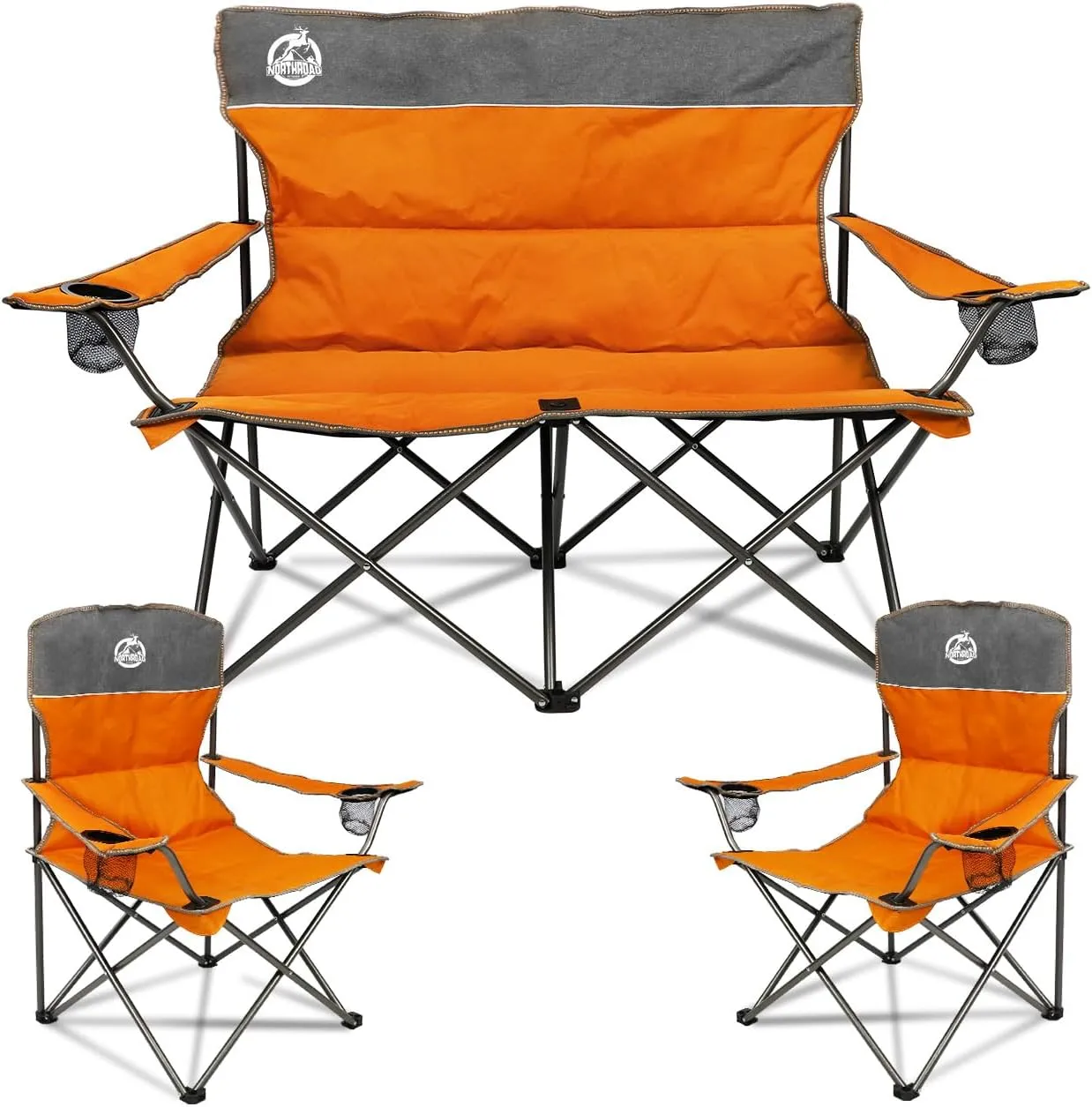 Outdoor Camping Chair Set of 3,Folding Padded Camp Chair w/1 Sofa,2 Single Chairs,Collapsible Conversation Set for Family Patio, Beach(Orange)