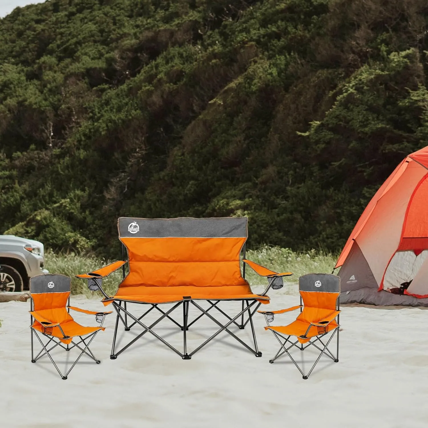 Outdoor Camping Chair Set of 3,Folding Padded Camp Chair w/1 Sofa,2 Single Chairs,Collapsible Conversation Set for Family Patio, Beach(Orange)