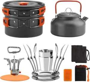 Outdoor Camping Cookware Mess Kit Pot Pan Cooking Set Tableware with Stove Spoon Fork Cutter for Camping Hiking Backpacking Picnic