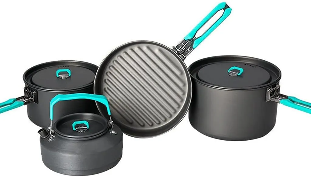 Outdoor Camping Tableware Set Backpacking Picnic 2 Pot 1 Frypan 1 Kettle AlumiDurable Cookware Folding Cooking Set