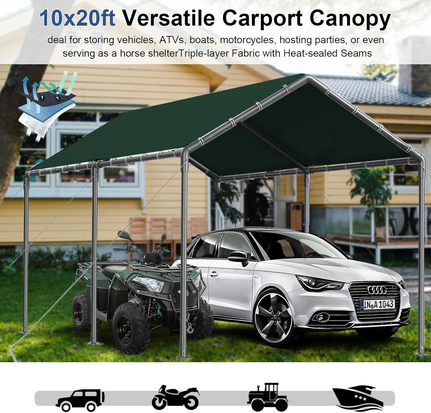 Outdoor Carport 10x20ft Heavy Duty Car Tent, Portable Garage Canopy Storage Shed, Car Shelter, All-Season Tarp Tent for Car, Party (GN)