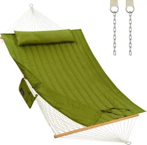 Outdoor Double Hammock with Hardwood Spreader Bars, Cotton Rope Hammock with Polyester Pad and Pillow, 475 LBS Capacity 2 Person Hammock, Large Hammock for Patio Backyard Poolside - Green
