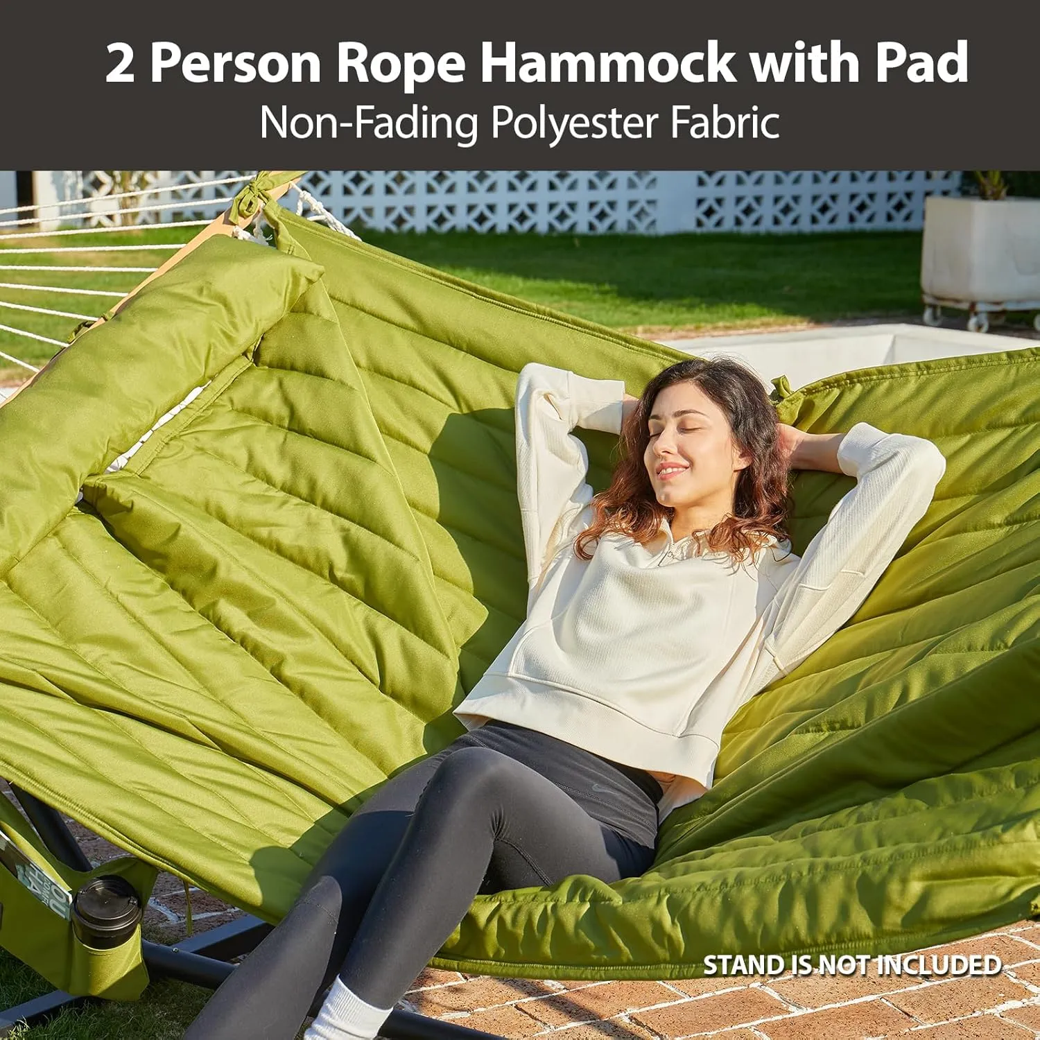 Outdoor Double Hammock with Hardwood Spreader Bars, Cotton Rope Hammock with Polyester Pad and Pillow, 475 LBS Capacity 2 Person Hammock, Large Hammock for Patio Backyard Poolside - Green