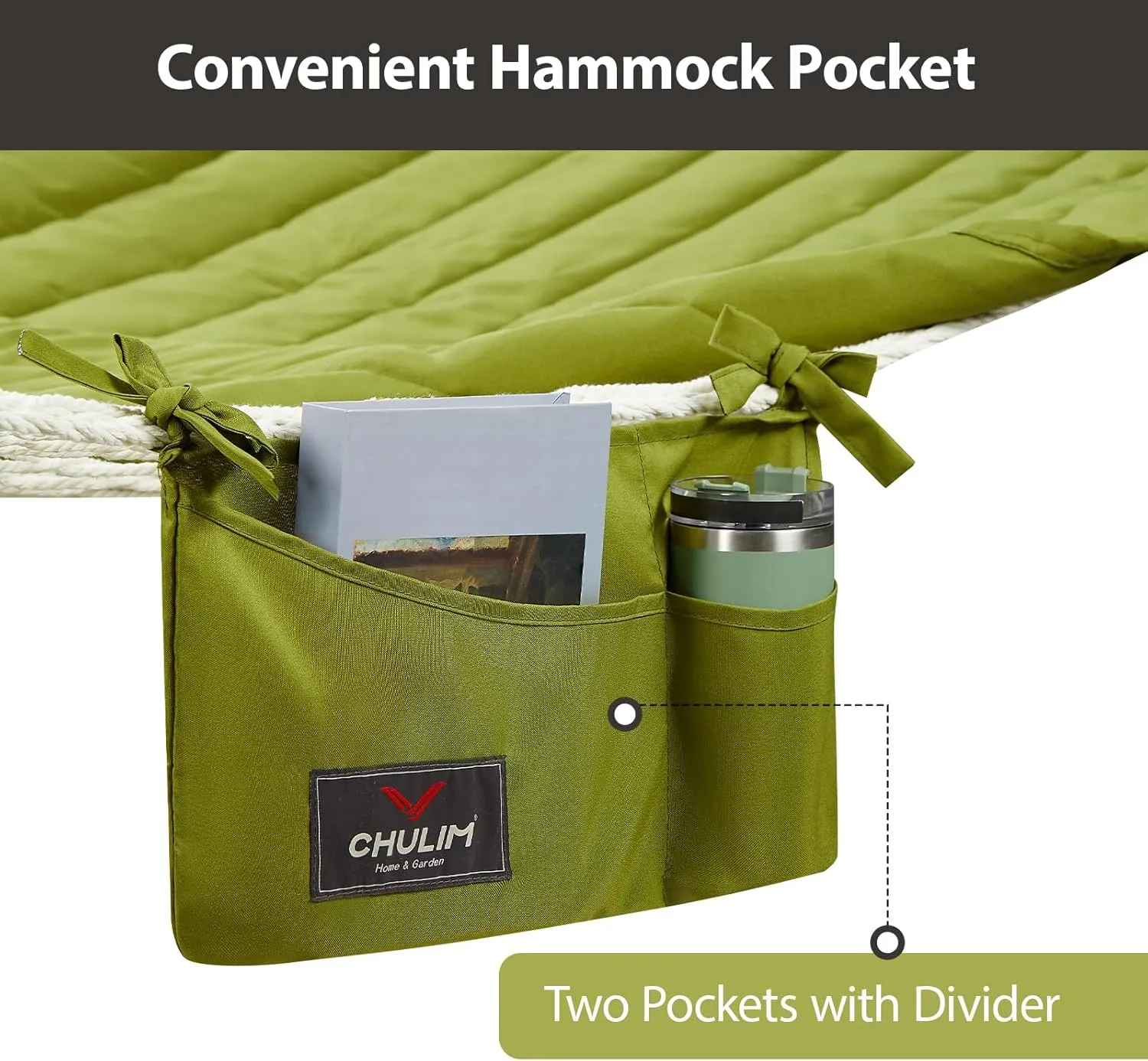Outdoor Double Hammock with Hardwood Spreader Bars, Cotton Rope Hammock with Polyester Pad and Pillow, 475 LBS Capacity 2 Person Hammock, Large Hammock for Patio Backyard Poolside - Green