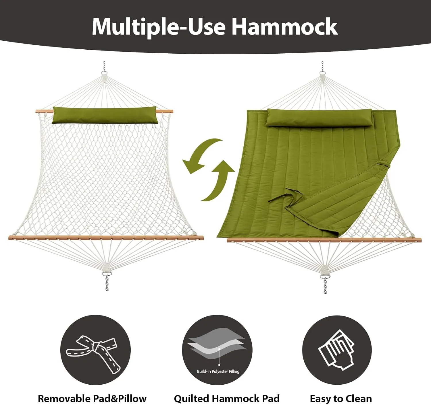 Outdoor Double Hammock with Hardwood Spreader Bars, Cotton Rope Hammock with Polyester Pad and Pillow, 475 LBS Capacity 2 Person Hammock, Large Hammock for Patio Backyard Poolside - Green