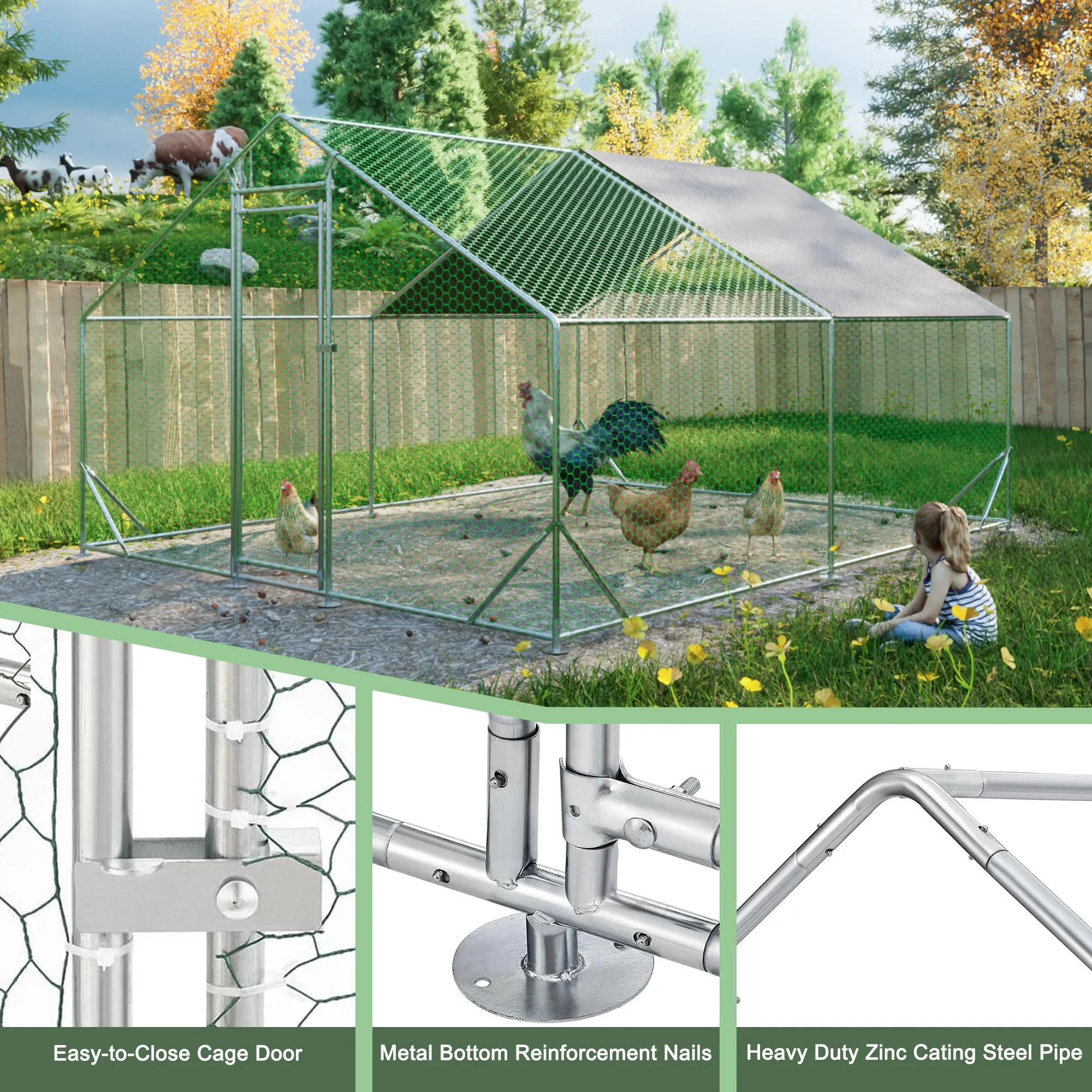 Outdoor Large Metal Chicken Run Coop with 1 piece of Waterproof Cover, Garden Backyard Walk-in Hen Cage Poultry Pet Hutch for Farm Use