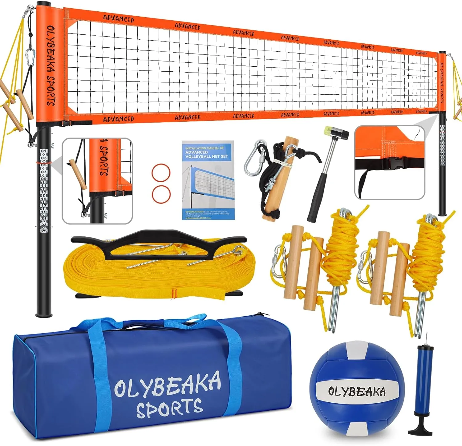 Outdoor Professional Volleyball Net Set for Backyard Beach with Heavy Duty Adjustable Aluminum Poles, Upgraded Anti-sag Net, PU Volleyball and Pump, Boundary Line, Large Carry Bag