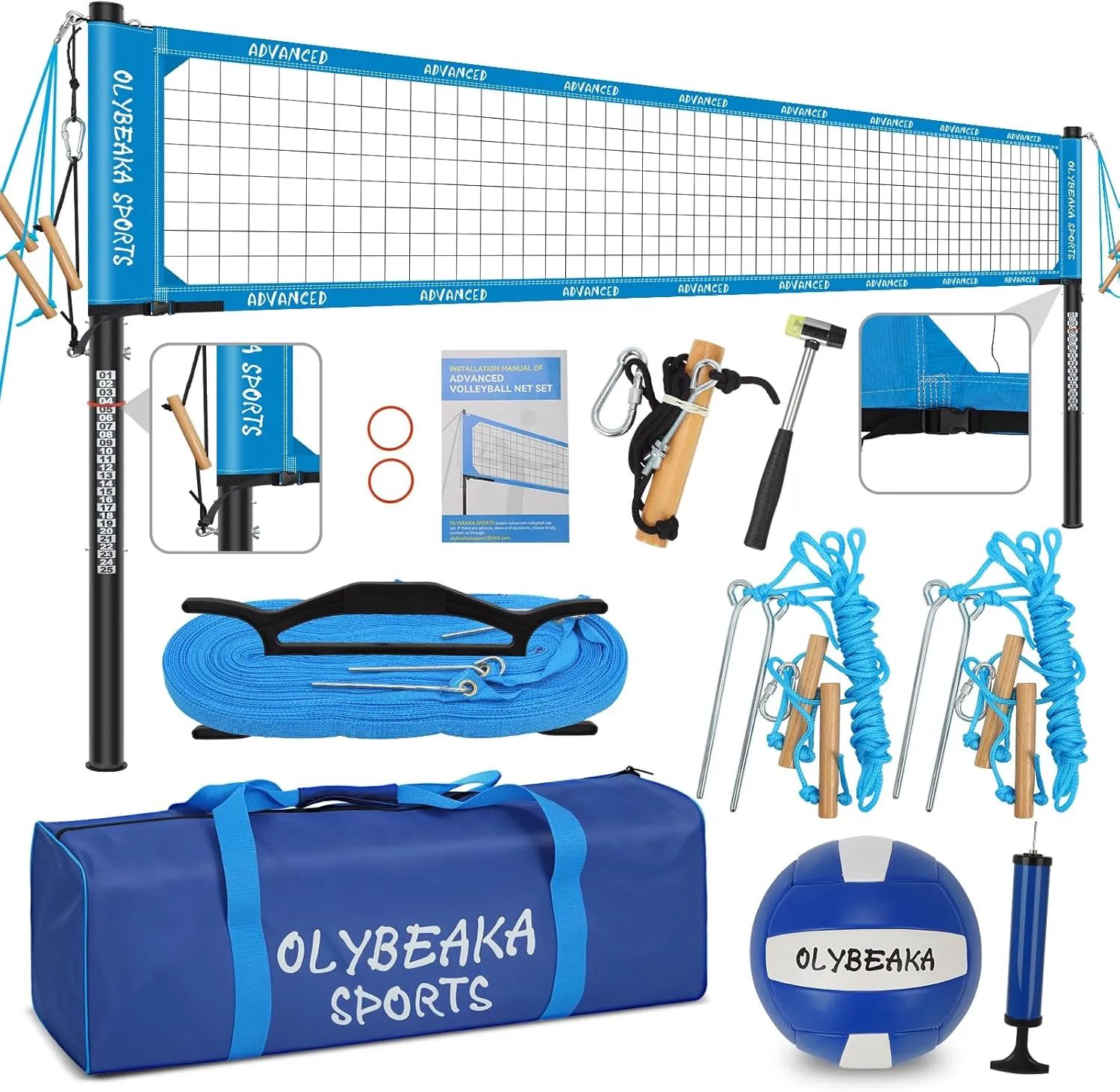 Outdoor Professional Volleyball Net Set for Backyard Beach with Heavy Duty Adjustable Aluminum Poles, Upgraded Anti-sag Net, PU Volleyball and Pump, Boundary Line, Large Carry Bag