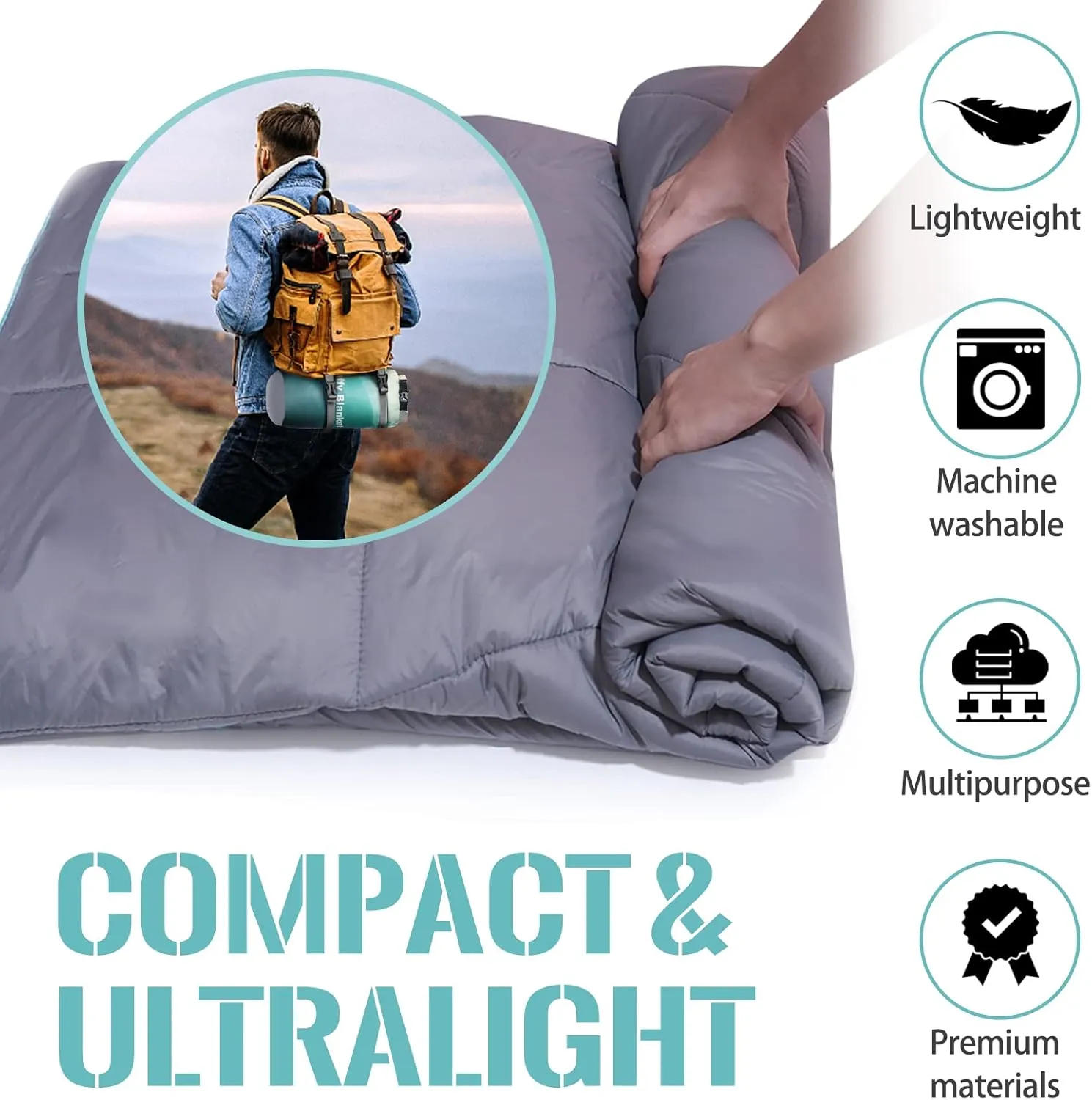 Outdoor Puffy Camping Blanket, Lightweight Down Alternative Puffy Printed Camping Large Ultra Warm Hammock Top Quilt Waterproof Blanket for Traveling Picnic Beach Party Cold Weather (Green Mountain)