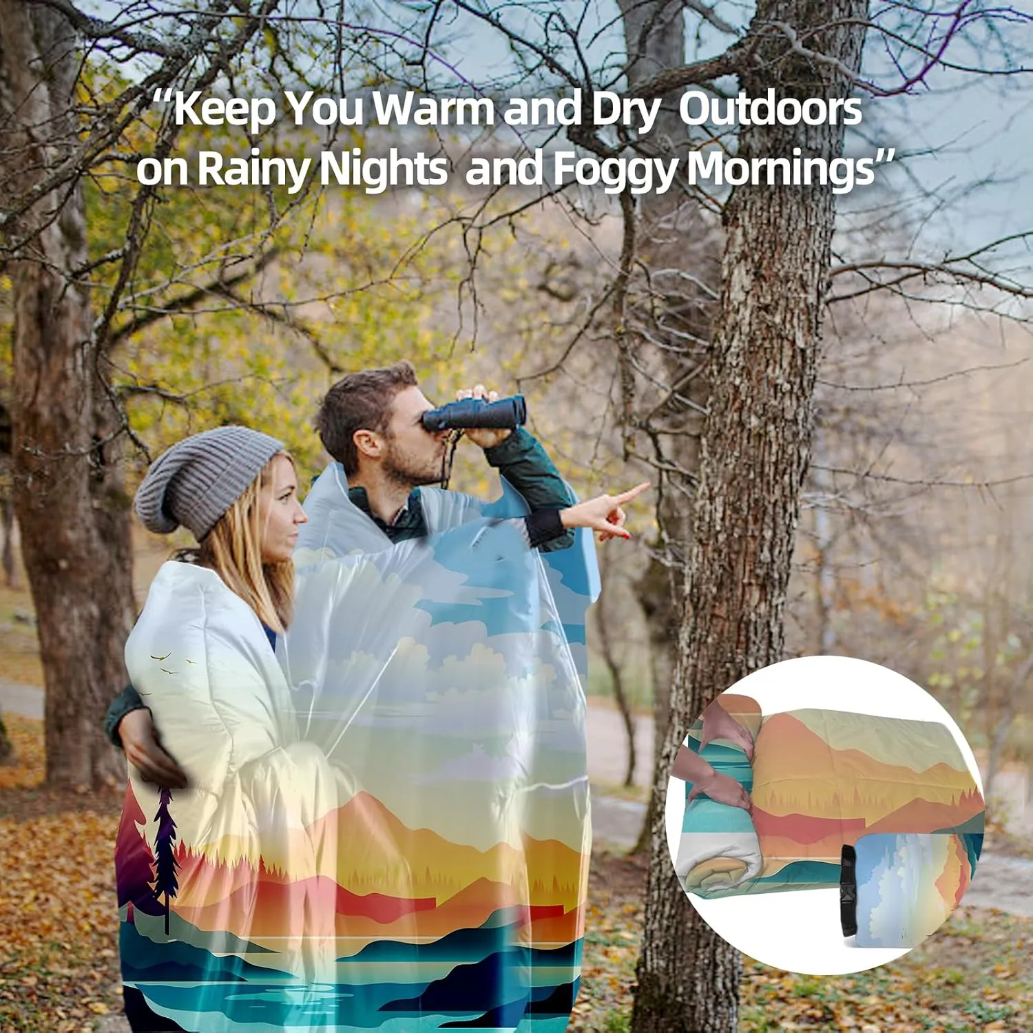 Outdoor Puffy Camping Blanket, Lightweight Down Alternative Puffy Printed Camping Large Ultra Warm Hammock Top Quilt Waterproof Blanket for Traveling Picnic Beach Party Cold Weather (Sunset)