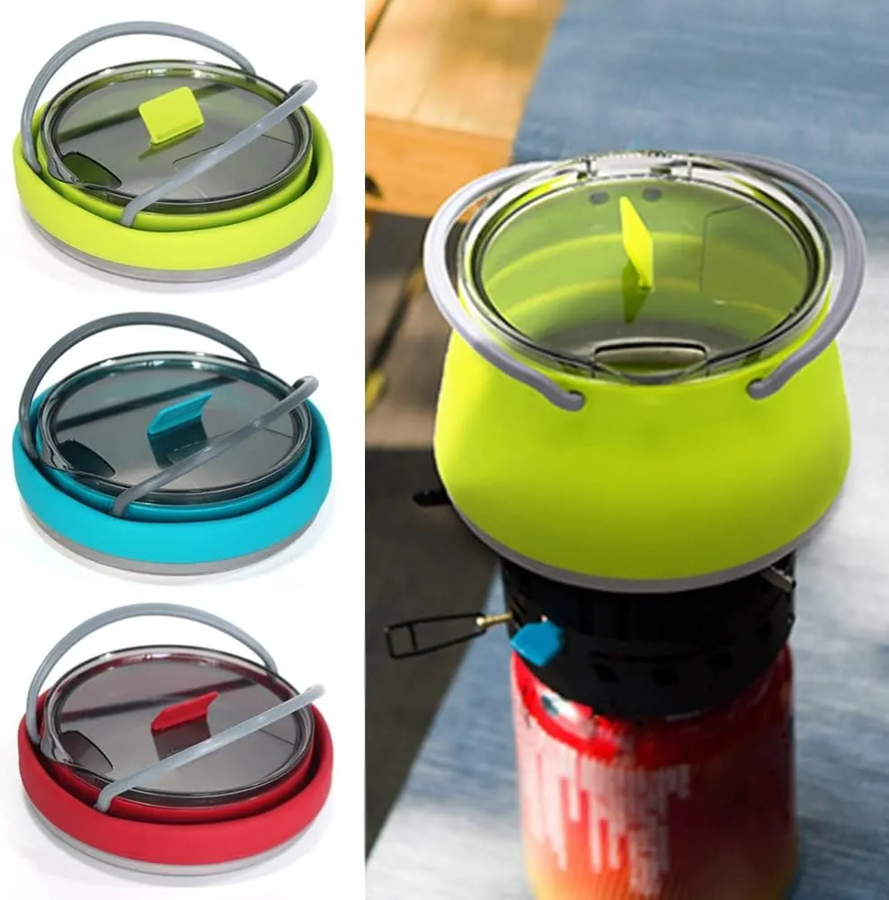 Outdoor Red and Green Travel Portable Heating Tea Coffee Rice Cooker Lightweight Silicone Folding Kettle with Handle(Black)