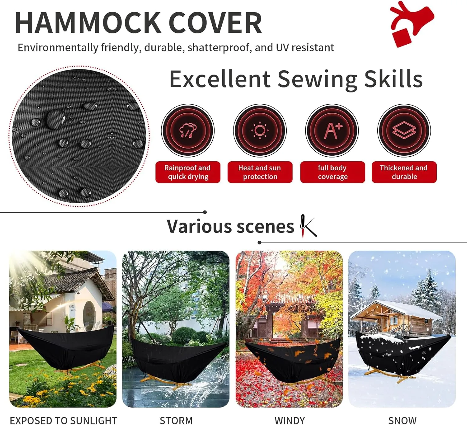 Outdoor Waterproof Hammock Cover for 13-14FT Hammock Stand,with Zip and Elastic Ropes,and It has Windproof Effect,420D Heavy Duty Oxford (Black,13-14foot)