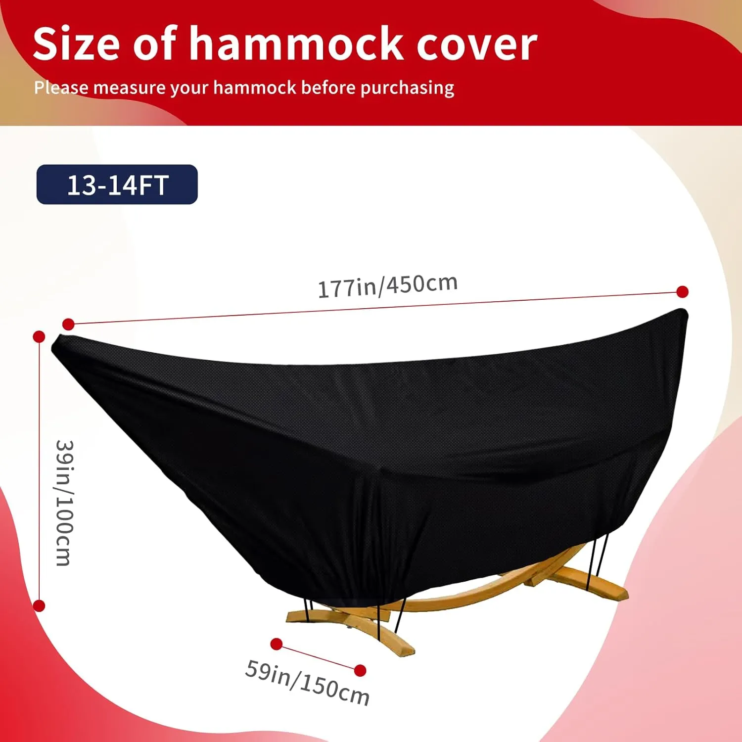 Outdoor Waterproof Hammock Cover for 13-14FT Hammock Stand,with Zip and Elastic Ropes,and It has Windproof Effect,420D Heavy Duty Oxford (Black,13-14foot)