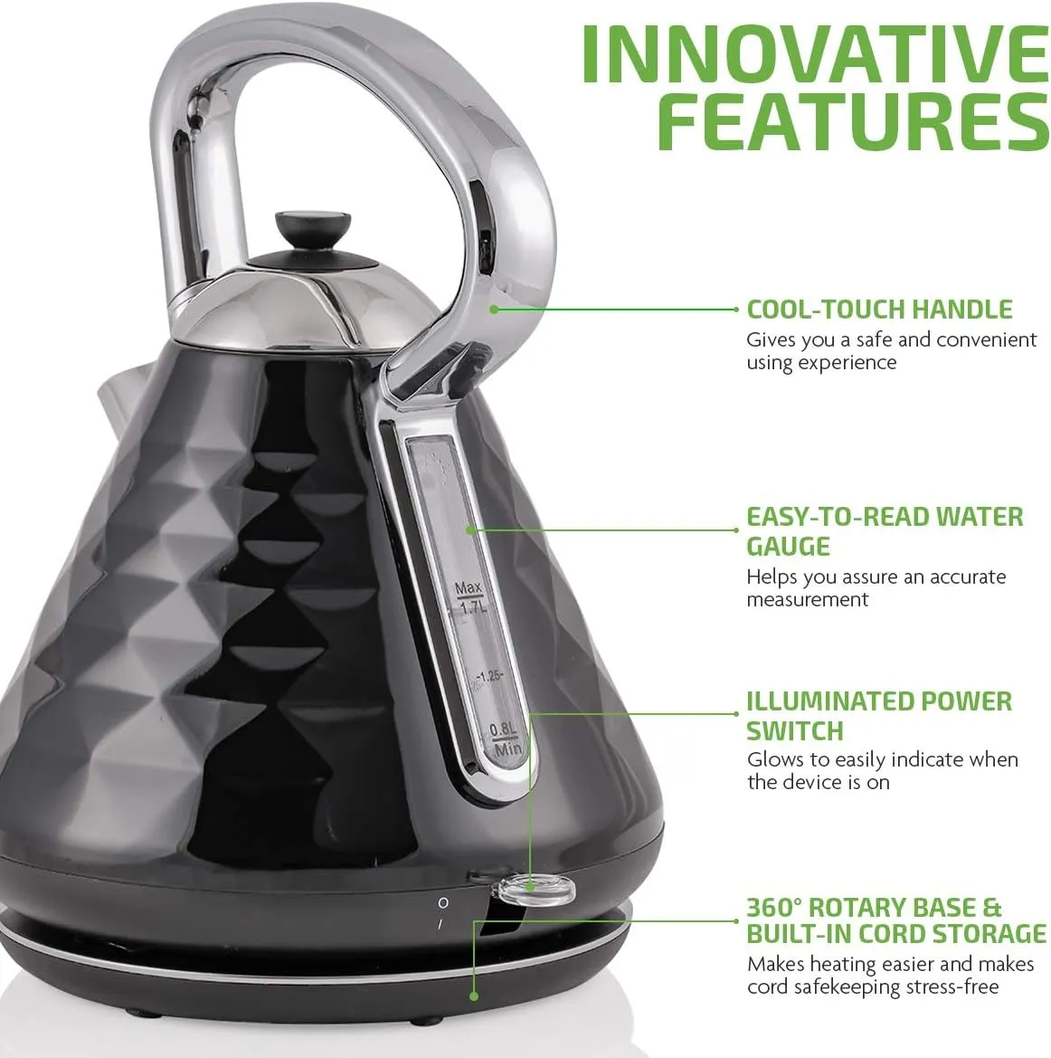 OVENTE 1.7L Electric Kettle, 1500W Stainless Steel Fast Boiling Water Heater for Coffee or Tea with Auto Shut-Off, Boil-Dry Protection, Cool-Touch Handle and Illuminated Power Switch, Black KS755B