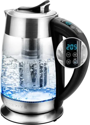 OVENTE Electric Glass Kettle Water Boiler 1.8 Liter BPA Free - 1500W w/Stainless Steel Infuser, Set Temperature Control, Auto Shut Off, Portable Fast Instant Heater for Coffee & Tea - KG661S