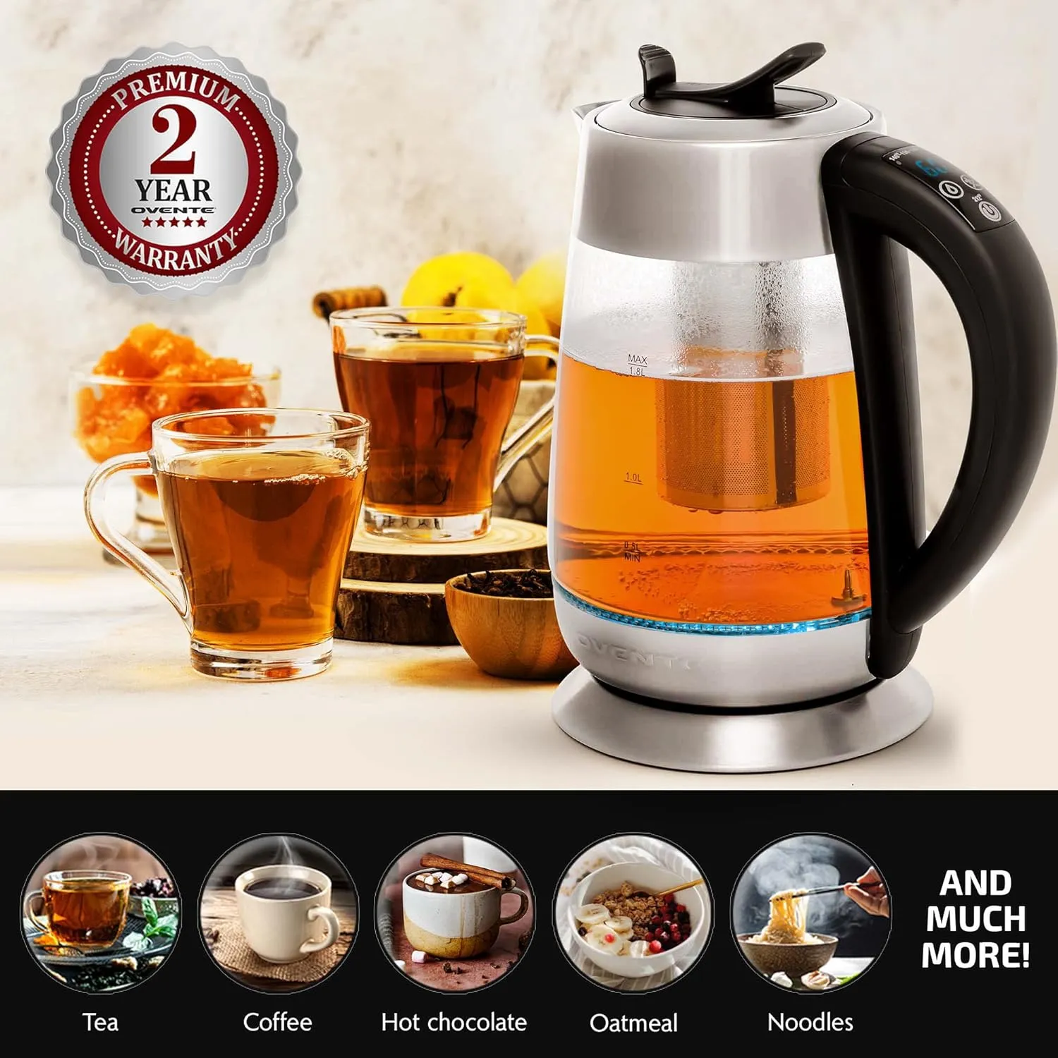 OVENTE Electric Glass Kettle Water Boiler 1.8 Liter BPA Free - 1500W w/Stainless Steel Infuser, Set Temperature Control, Auto Shut Off, Portable Fast Instant Heater for Coffee & Tea - KG661S