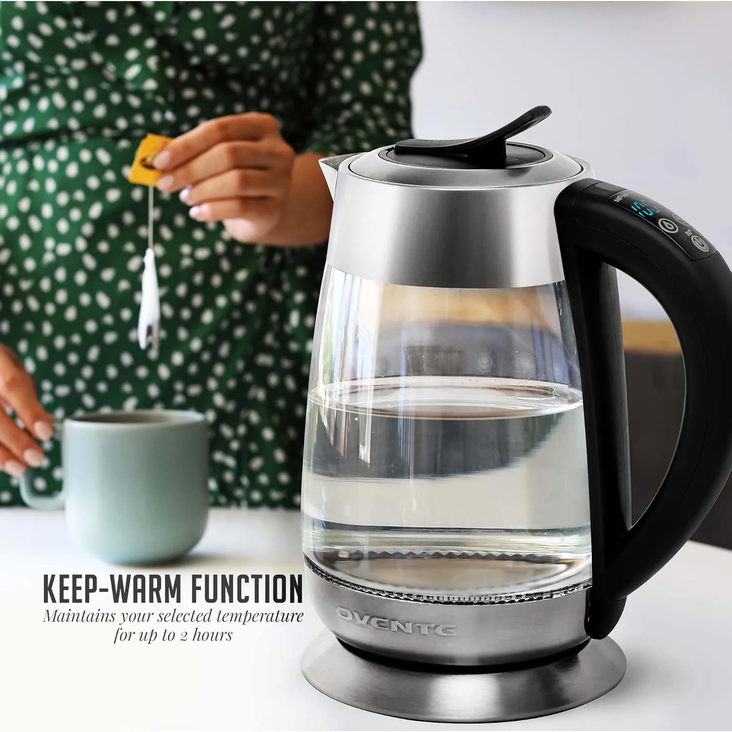OVENTE Electric Glass Kettle Water Boiler 1.8 Liter BPA Free - 1500W w/Stainless Steel Infuser, Set Temperature Control, Auto Shut Off, Portable Fast Instant Heater for Coffee & Tea - KG661S