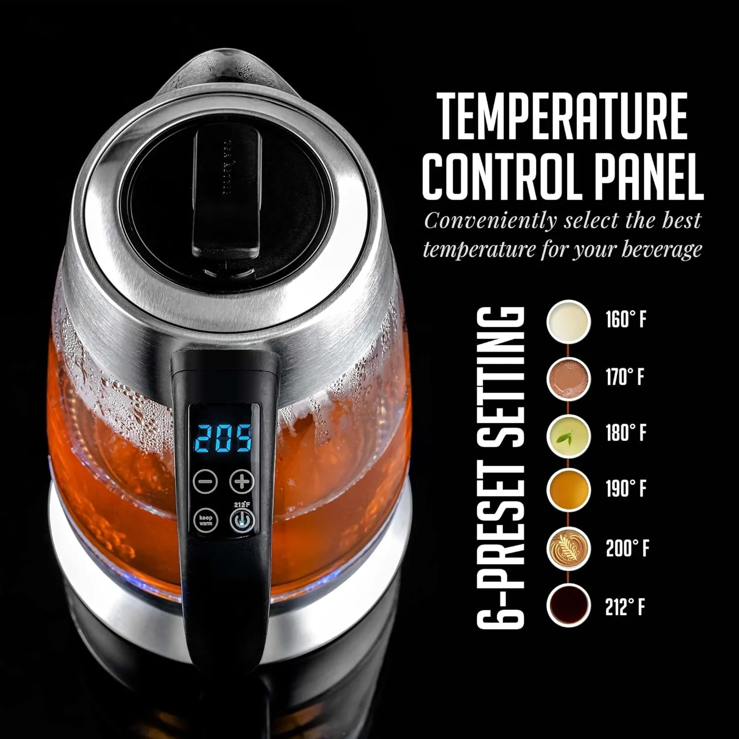 OVENTE Electric Glass Kettle Water Boiler 1.8 Liter BPA Free - 1500W w/Stainless Steel Infuser, Set Temperature Control, Auto Shut Off, Portable Fast Instant Heater for Coffee & Tea - KG661S