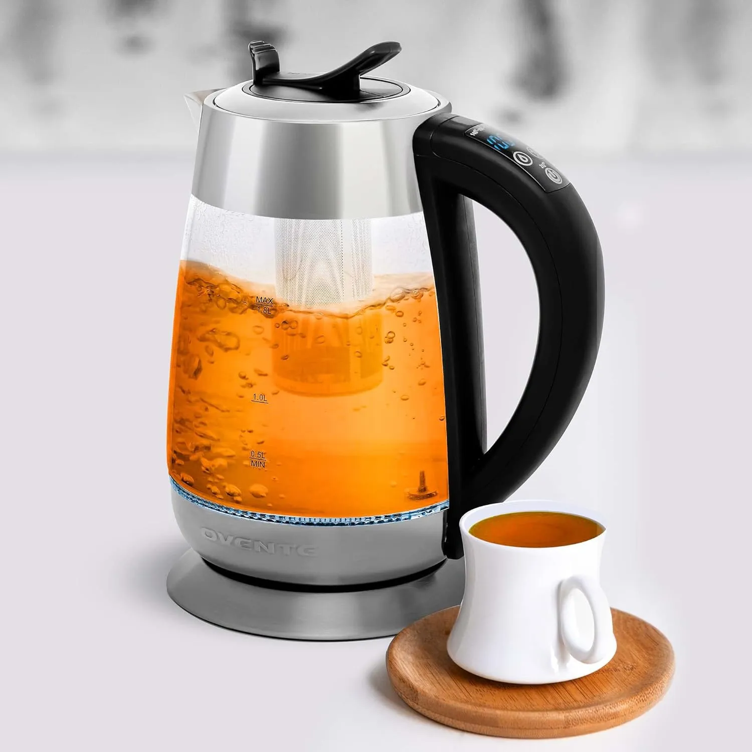 OVENTE Electric Glass Kettle Water Boiler 1.8 Liter BPA Free - 1500W w/Stainless Steel Infuser, Set Temperature Control, Auto Shut Off, Portable Fast Instant Heater for Coffee & Tea - KG661S