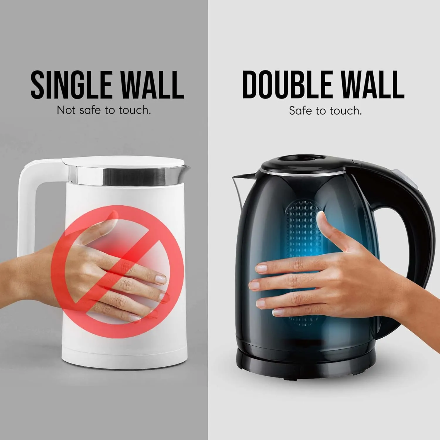 OVENTE Electric Kettle, 1.7L Double Wall Stainless Steel Insulated Water Boiler & Heater for Coffee or Tea, 1100W Fast Boiling with Auto Shut-Off, Boil-Dry Protection & Secure Locking Lid, Black KD64B