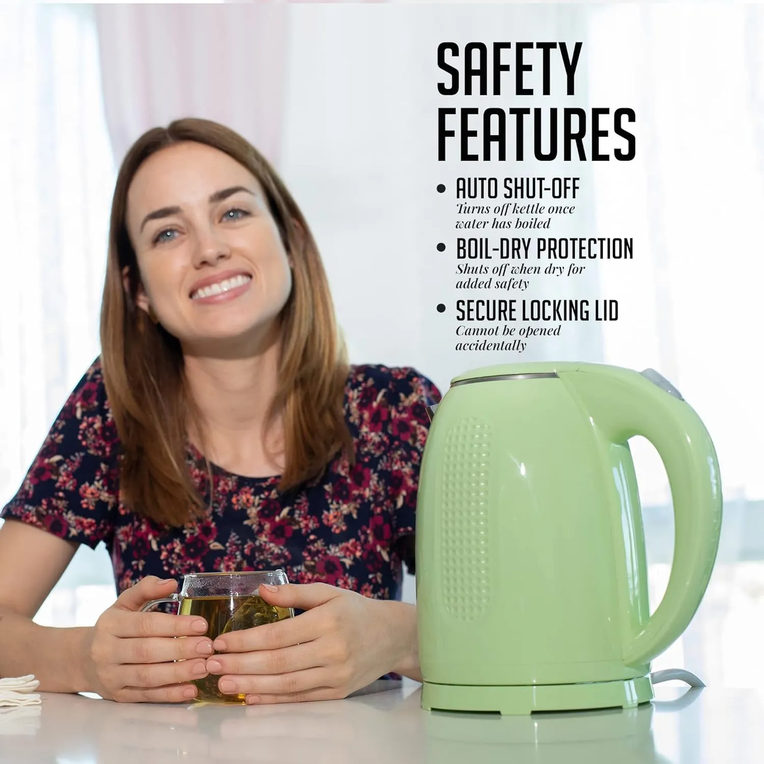 OVENTE Electric Kettle, 1.7L Double Wall Stainless Steel Insulated Water Boiler & Heater for Coffee or Tea, 1100W Fast Boiling with Auto Shut-Off, Boil-Dry Protection & Secure Locking Lid, Green KD64G