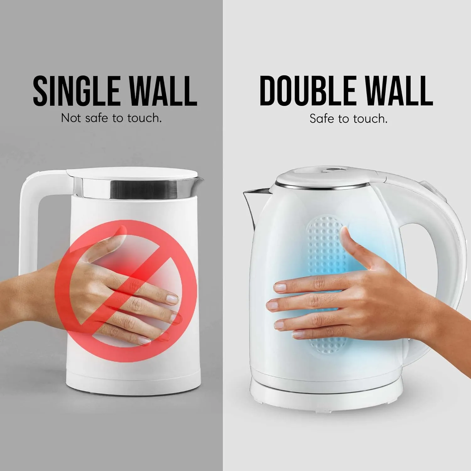 OVENTE Electric Kettle, 1.7L Double Wall Stainless Steel Insulated Water Boiler & Heater for Coffee or Tea, 1100W Fast Boiling with Auto Shut-Off, Boil-Dry Protection & Secure Locking Lid, White KD64W