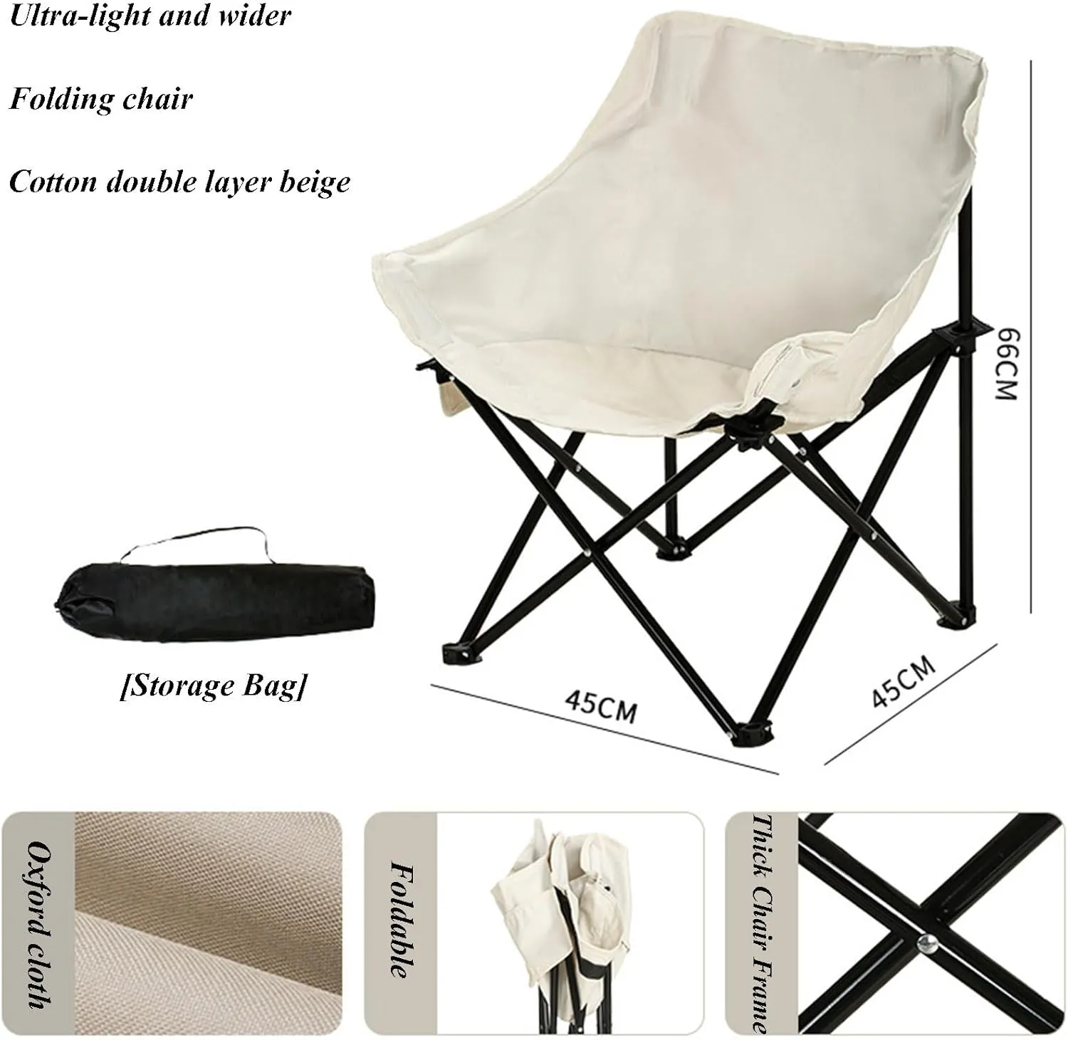 Oversized Folding Camping Chair - Portable Reclining Lounger for Tanning - Carry Bag Included - Heavy Duty Collapsible Chairs for Sports Garden Beach Fishing, Beige