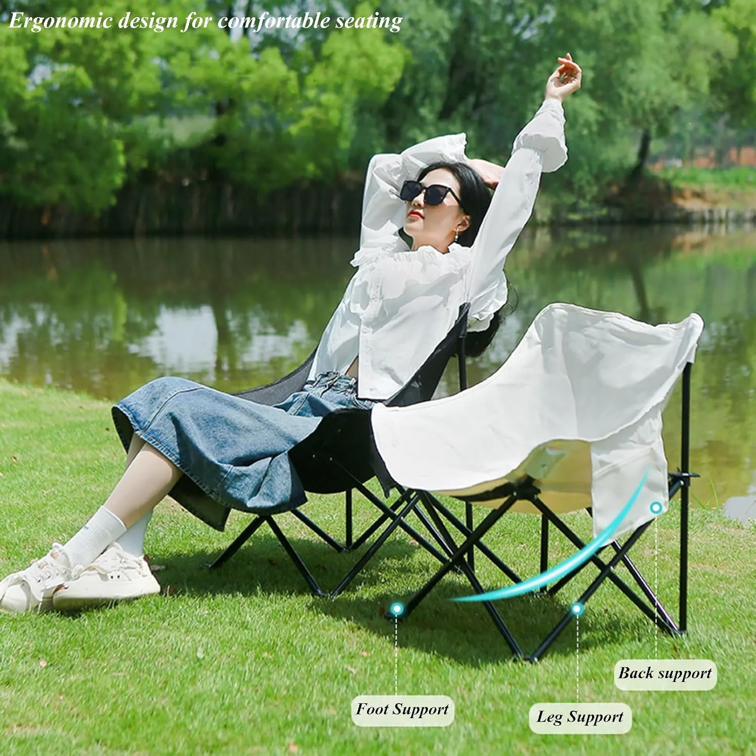 Oversized Folding Camping Chair - Portable Reclining Lounger for Tanning - Carry Bag Included - Heavy Duty Collapsible Chairs for Sports Garden Beach Fishing